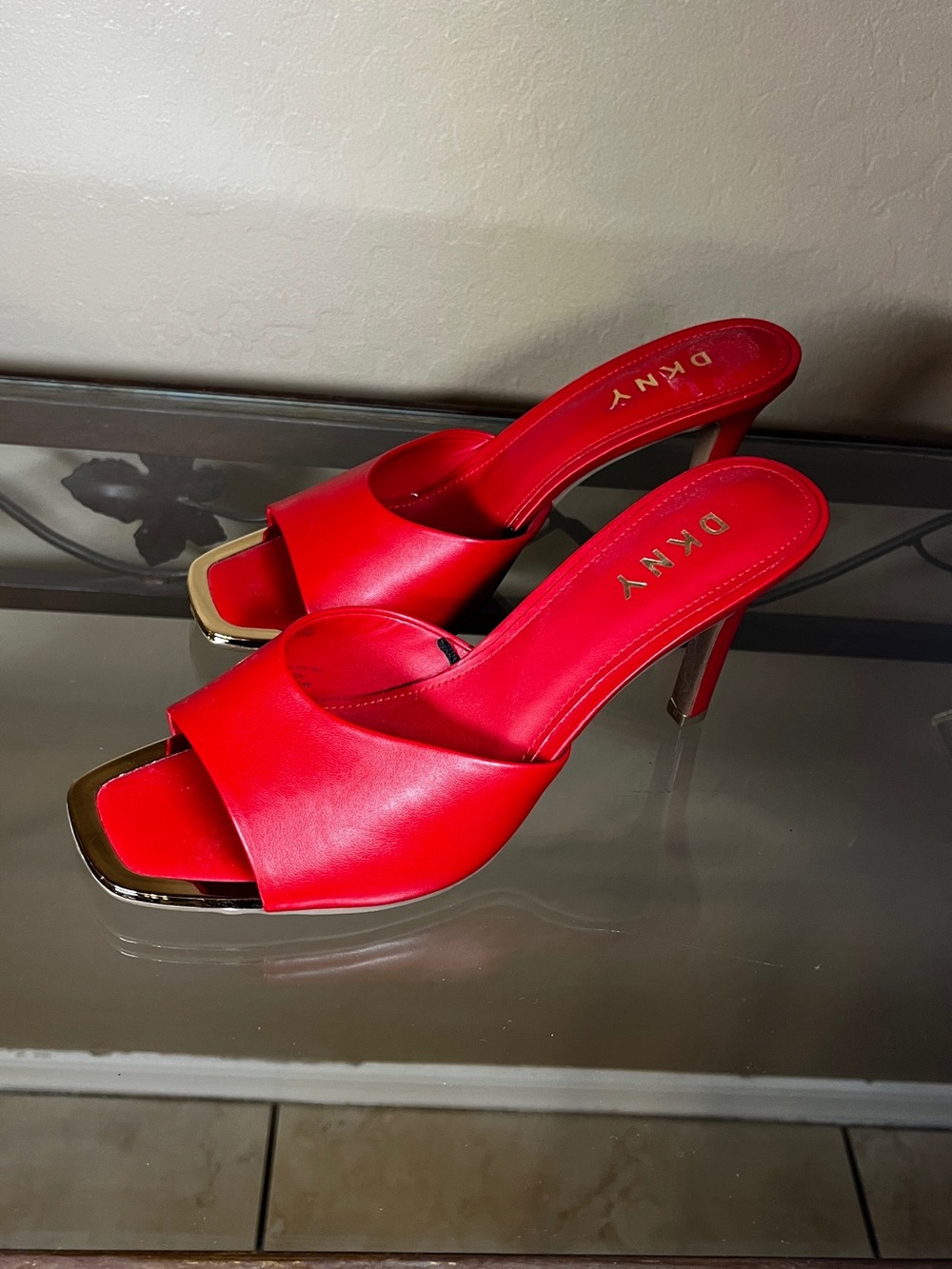 DKNY Red Open-Toe Slide Heels with Gold Trim